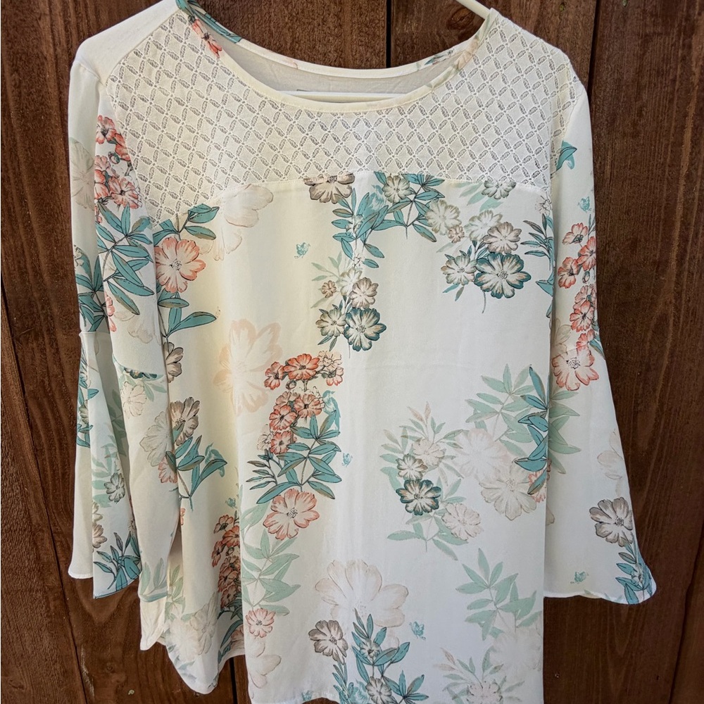 Van Heusen Floral Lace Yoke Blouse in Cream, Teal, Coral